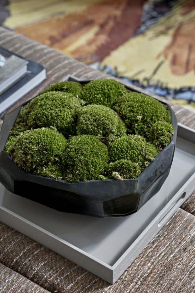 A coffee table arrangement with books, tray and glass bowl with moss.