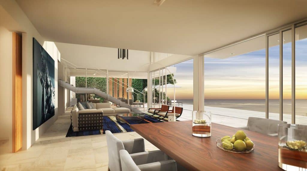 A rendering of an open plan dining and living room with sea views.