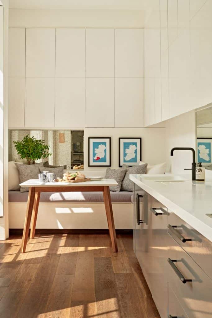 A long galley kitchen in a period london home.