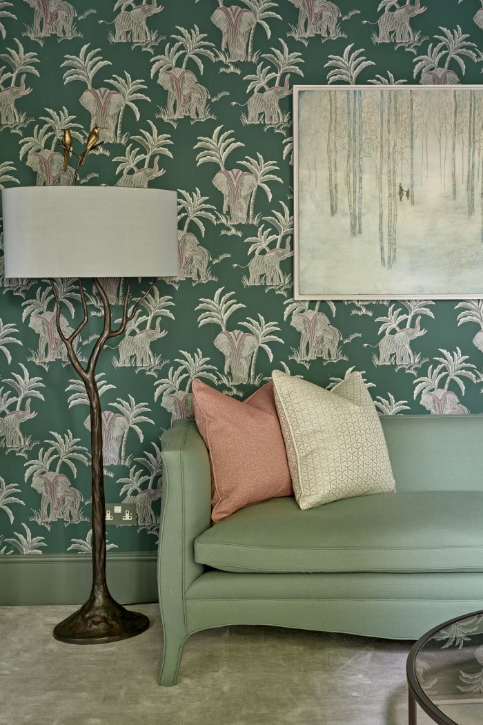 Hooked on Walls wallpaper in green drawing room. 