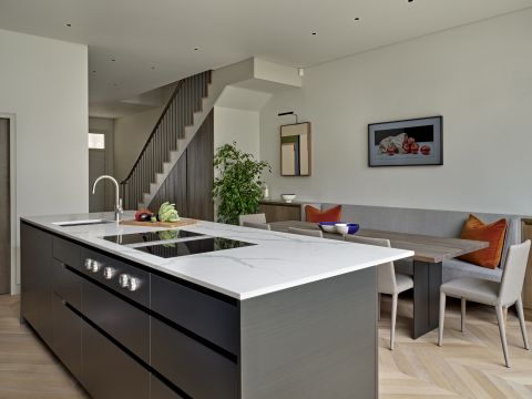 Open plan Poliform kitchen area. Neutral tones are in charge of this space.