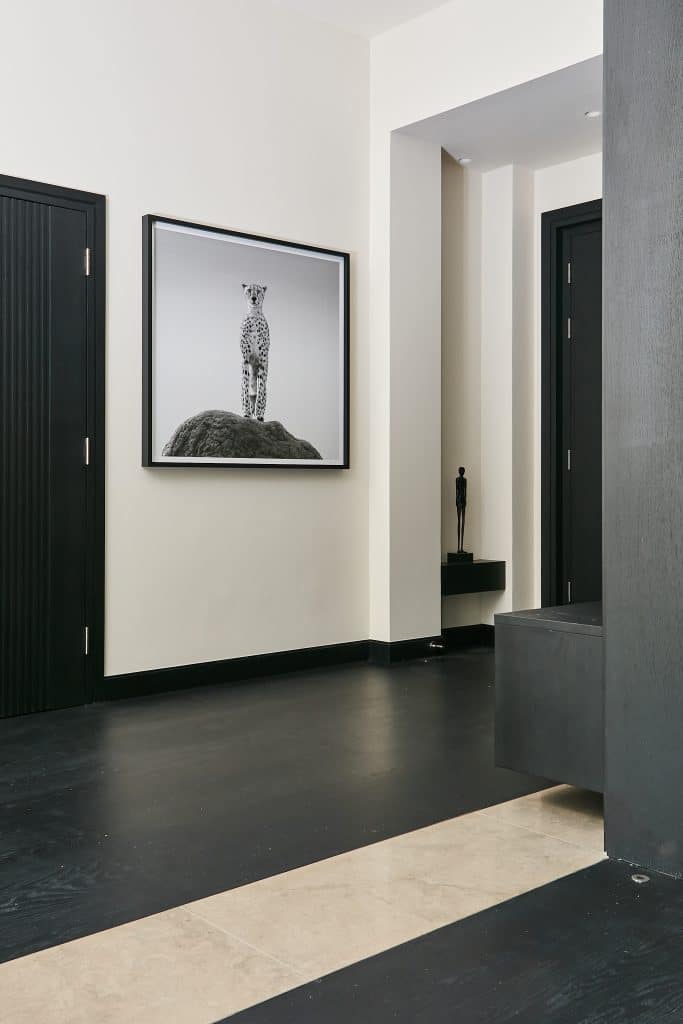 Photo artwork in monochrome hallway.