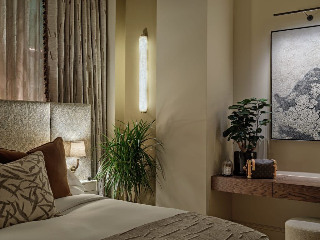 Mid Century Modern neutral toned bedroom in Central London apartment.